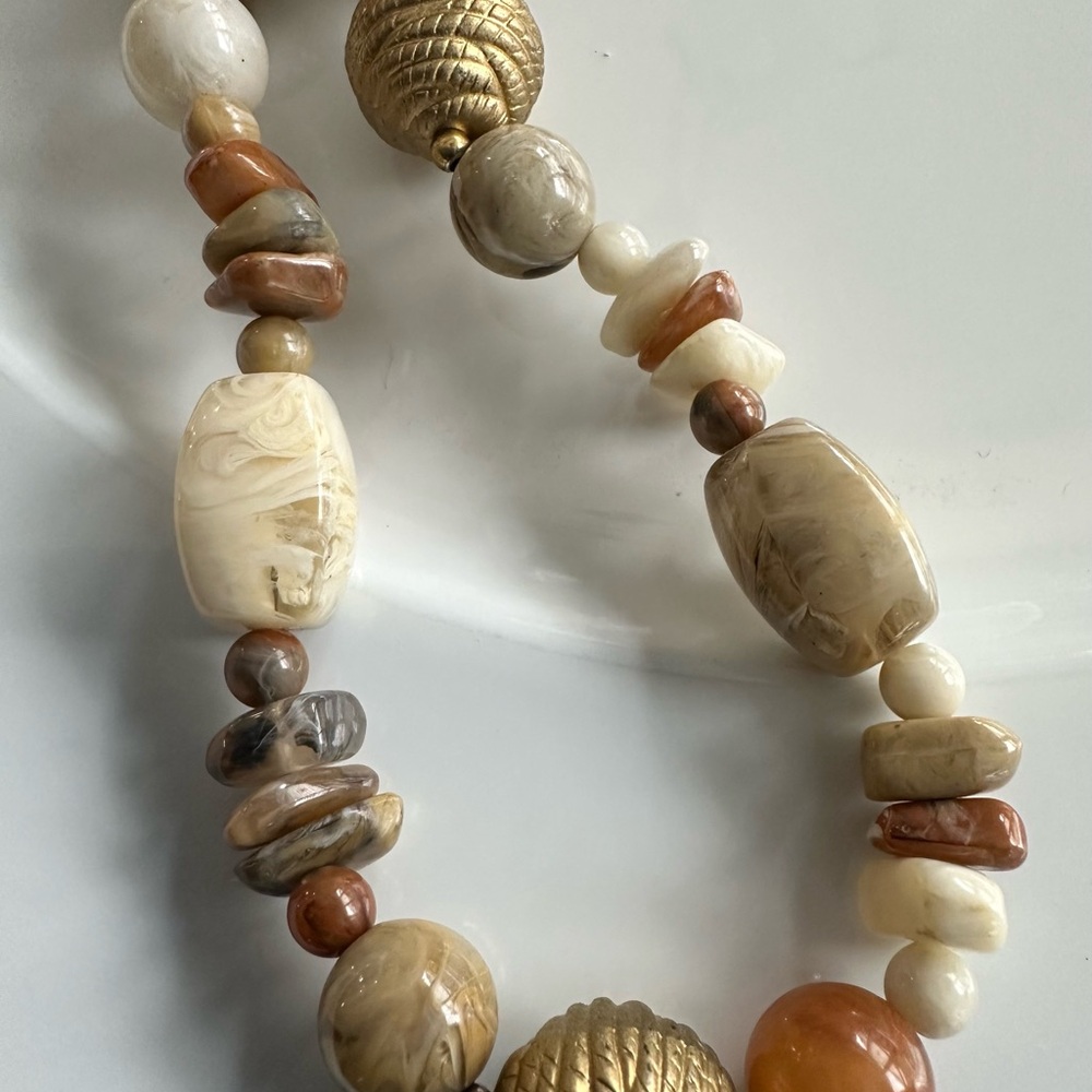 Shades of Tan & Cream Gold tone Beaded Natural Stone Necklace